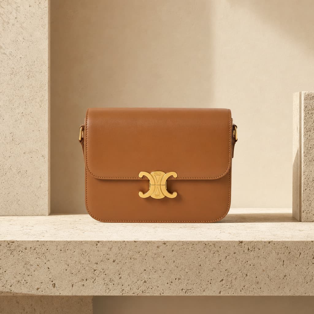 Eine Celine Ledertasche auf einer hellen Steinfläche