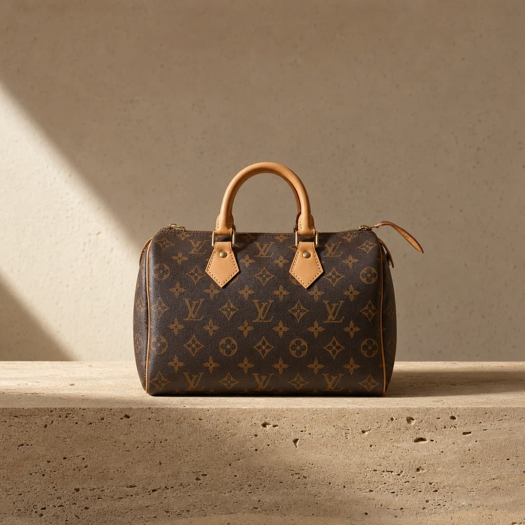 Sacs et accessoires Louis Vuitton disposés sur une tablette de pierre